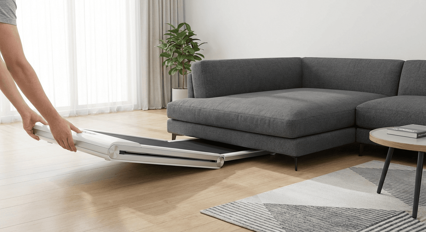 Folded walking pad being stored under a sofa showing compact portable design