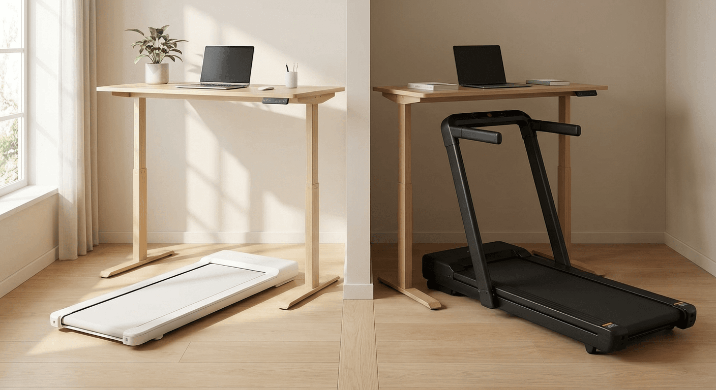 Side-by-side comparison of a slim walking pad and a larger under-desk treadmill in a modern home office with a standing desk