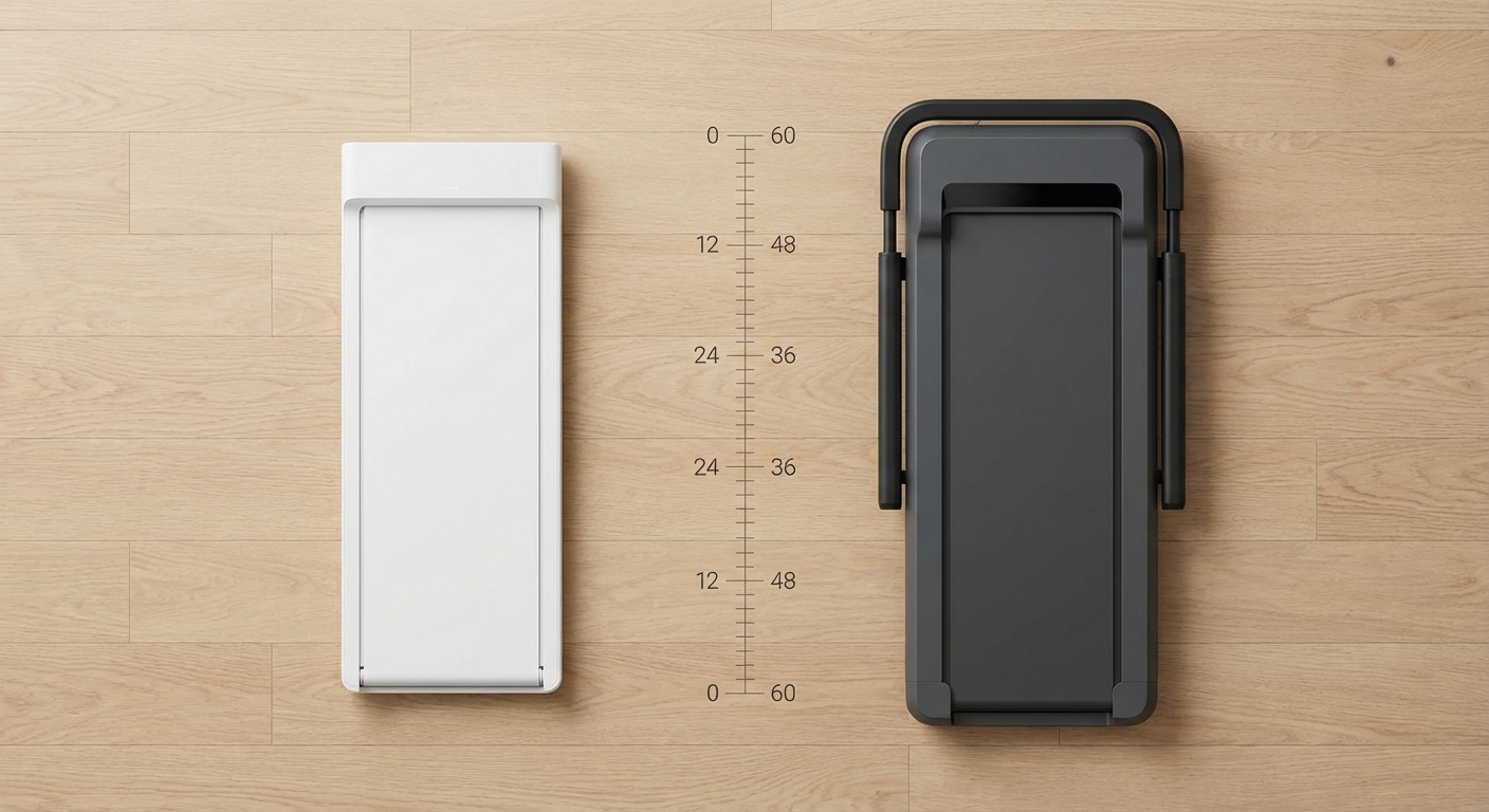 Top-down view showing the size difference between a compact walking pad and a larger under-desk treadmill