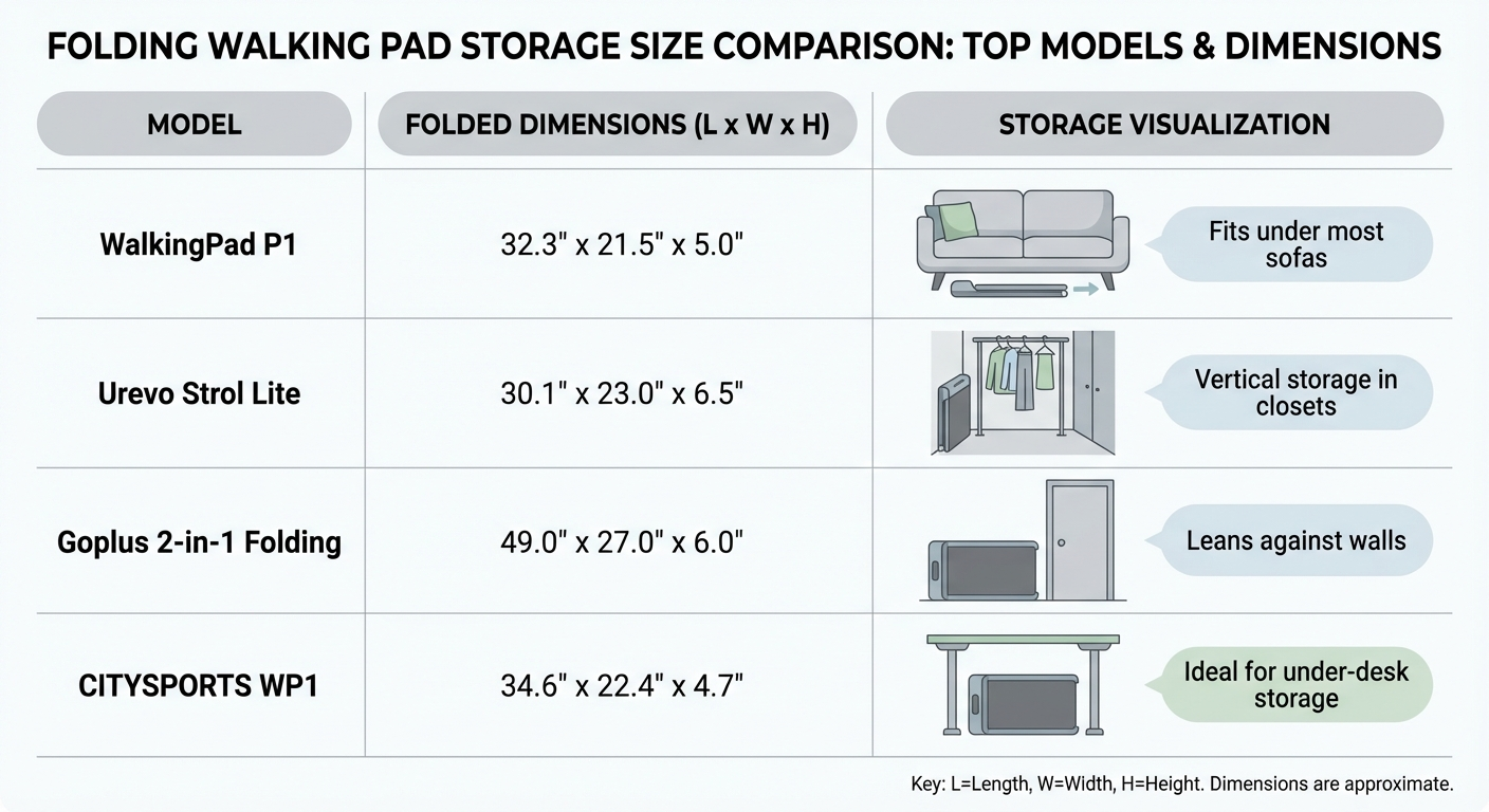 Folding walking pad storage size comparison infographic showing compact dimensions of top models 2026