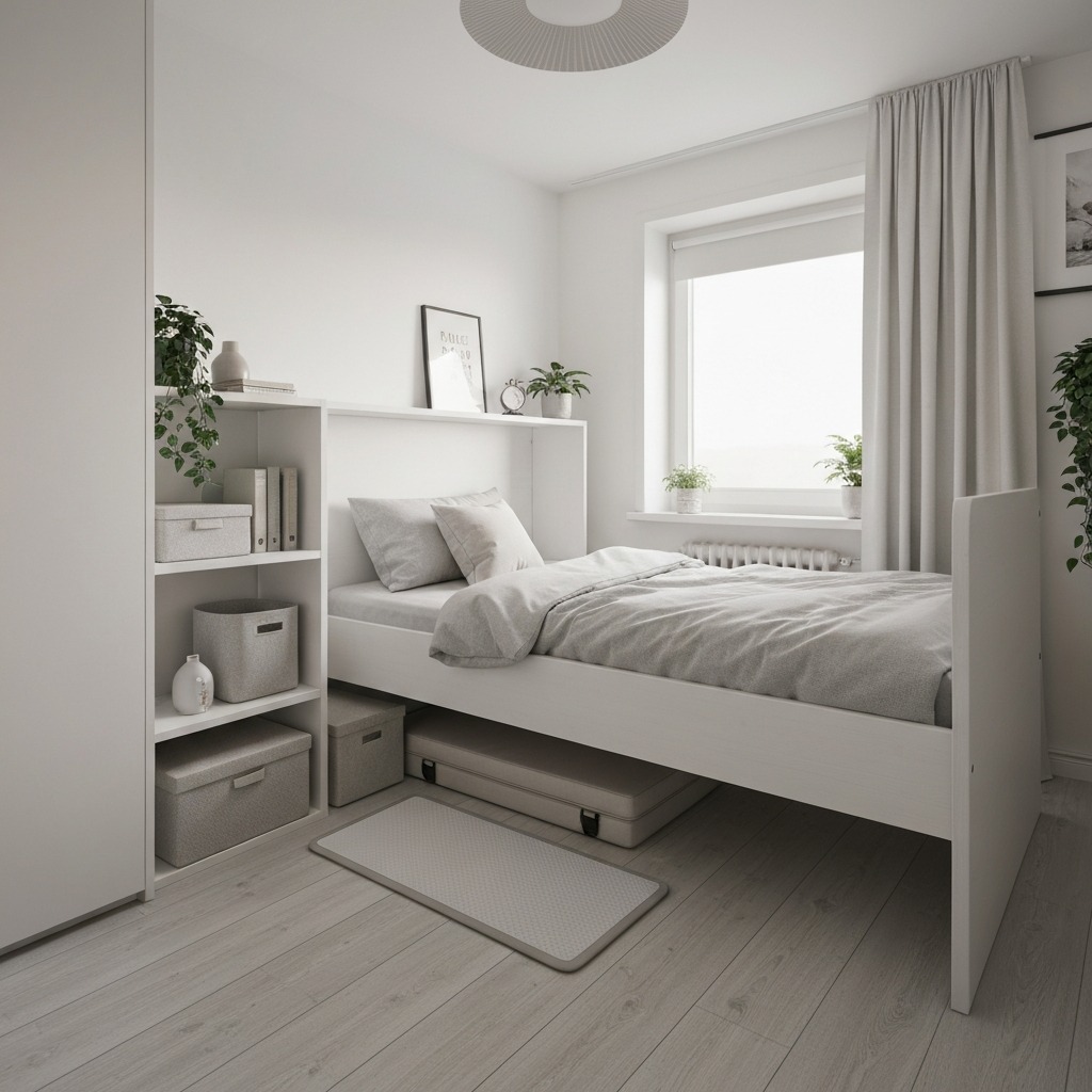 Small apartment walking pad storage ideas showing under-bed, behind-door, and closet storage options