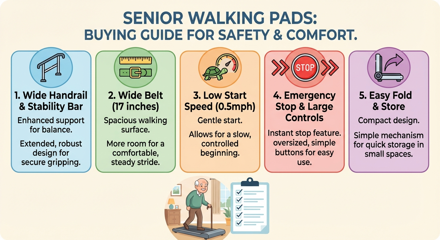Buying guide infographic for senior walking pads showing 5 key features