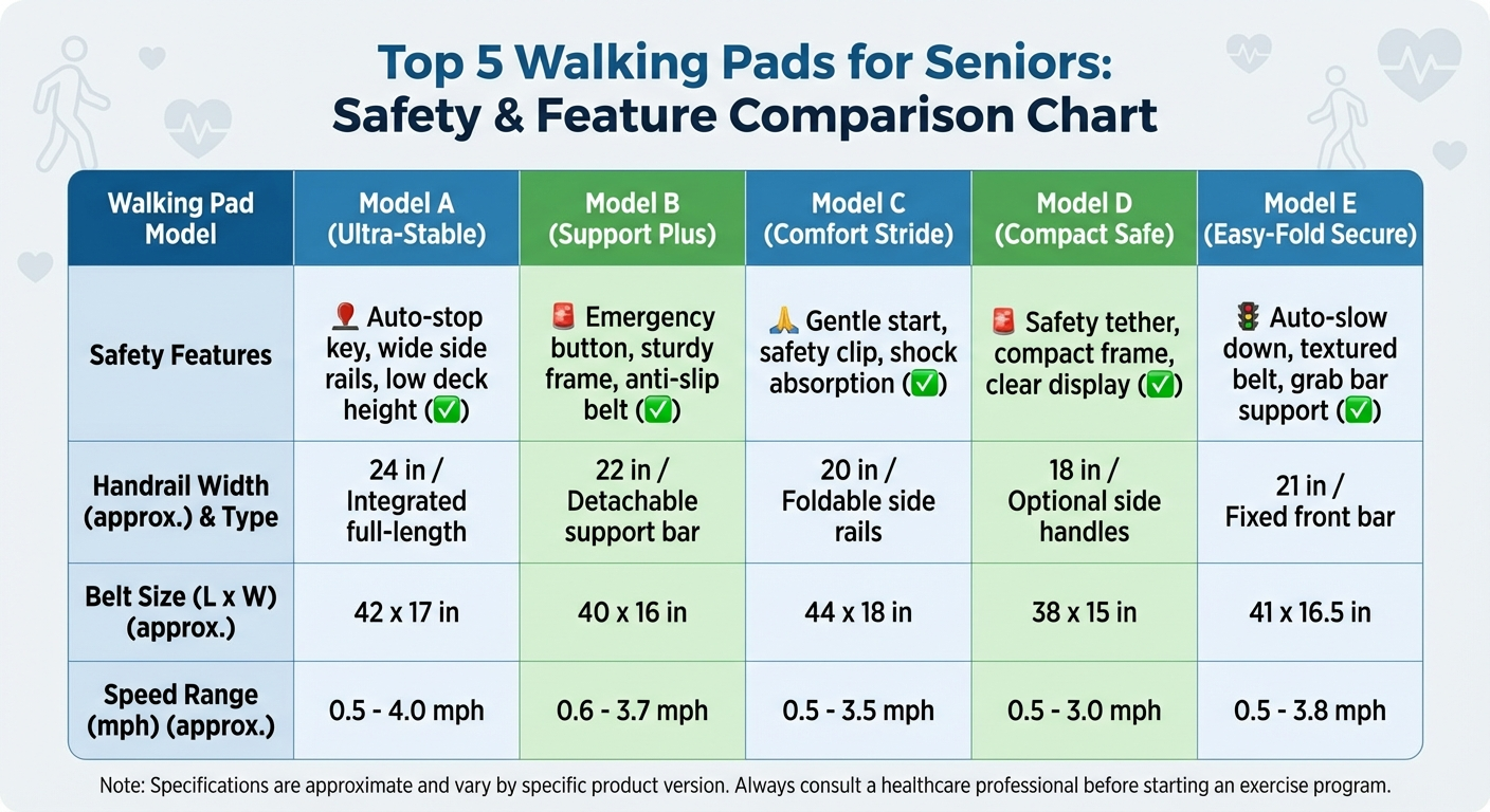 Comparison infographic of 5 best walking pads for seniors showing safety features