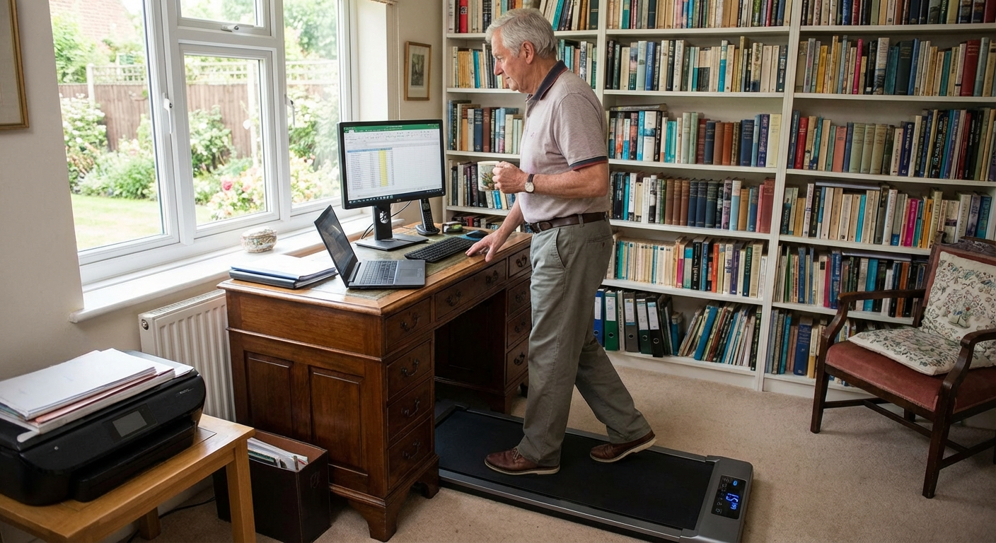 Senior man walking on a walking pad in a home office setting