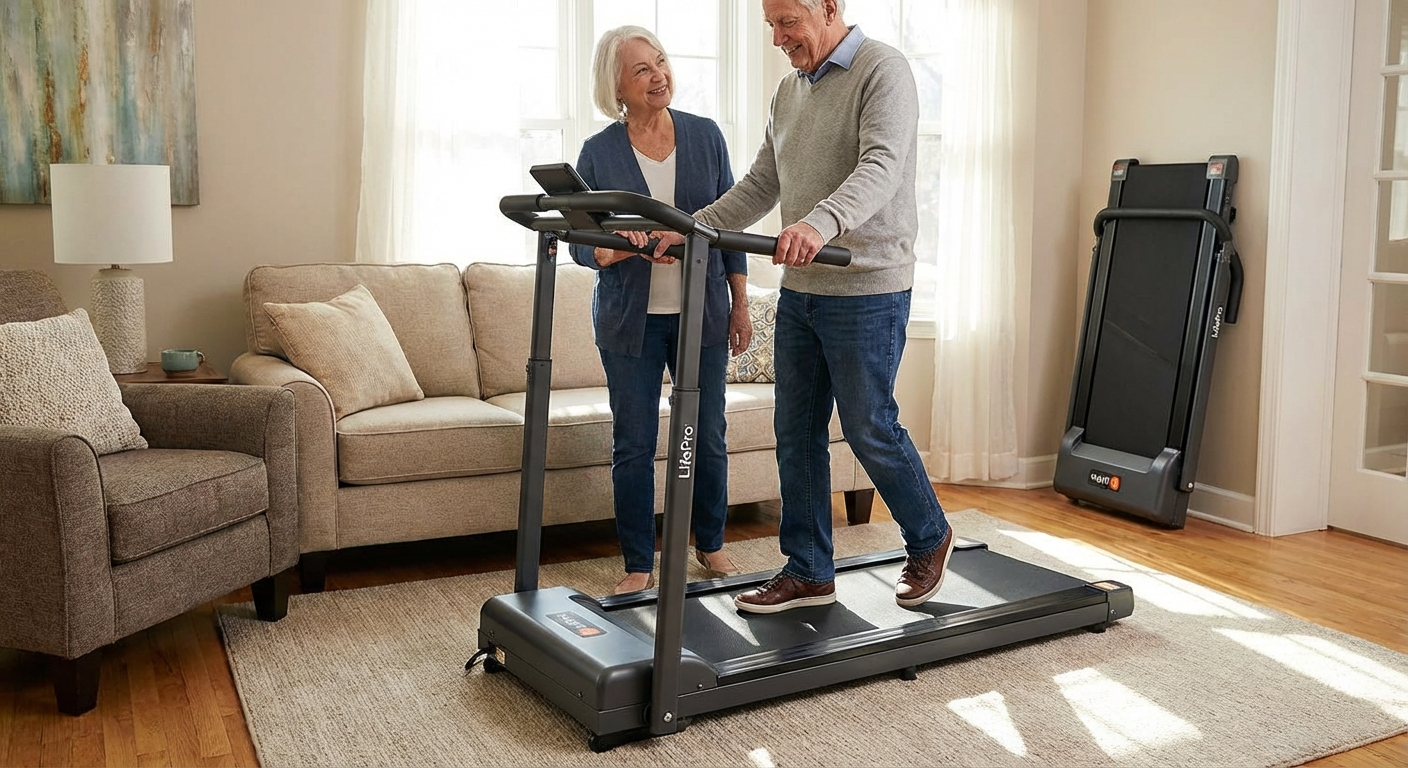 LifePro walking pad treadmill with handrail safety bar