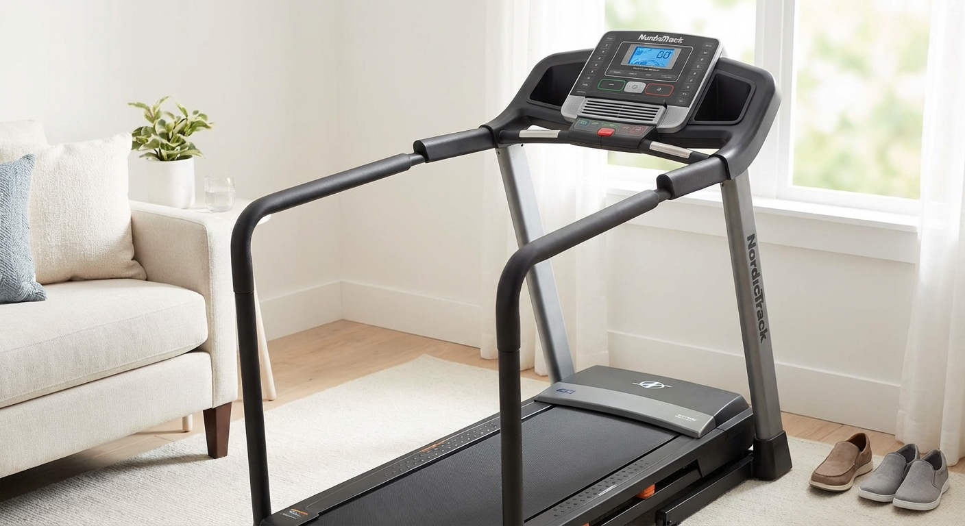 NordicTrack compact walking treadmill with handrail for older adults
