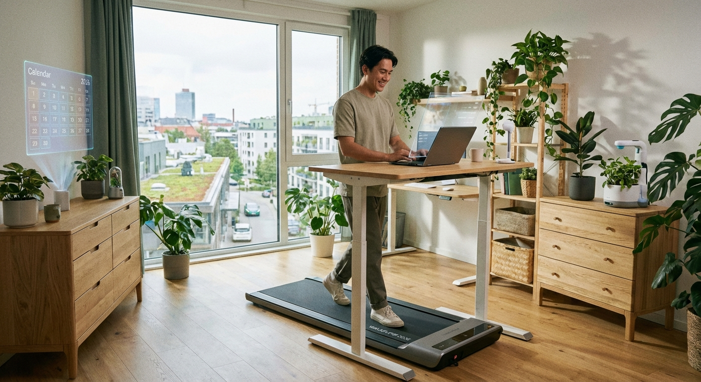 Person walking on under-desk walking pad while working on laptop at standing desk