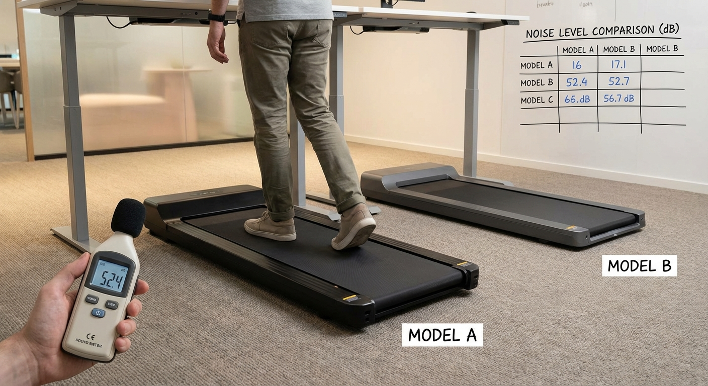 Walking pad noise level testing with decibel meter at 2 mph walking speed