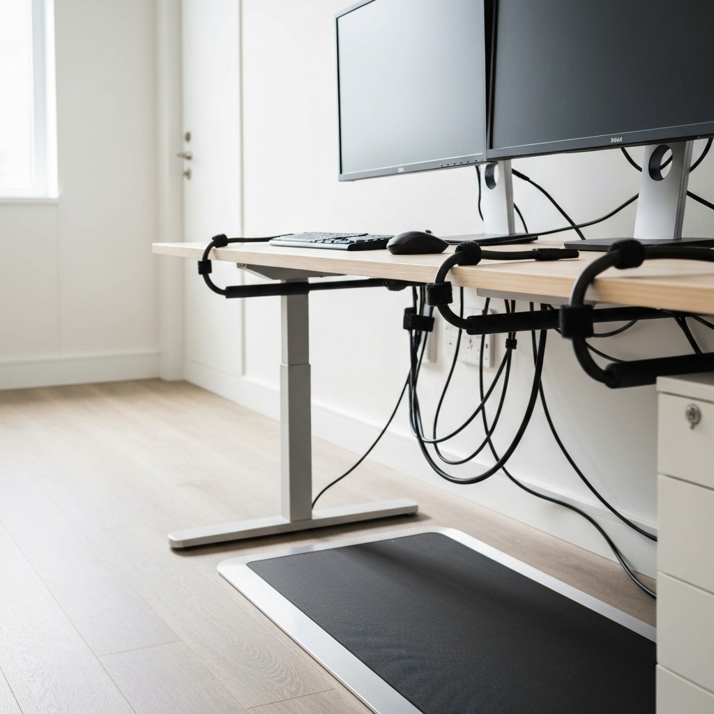 Cable management setup for dual monitor walking pad desk showing velcro ties, cable raceway, and clean routing along monitor arm