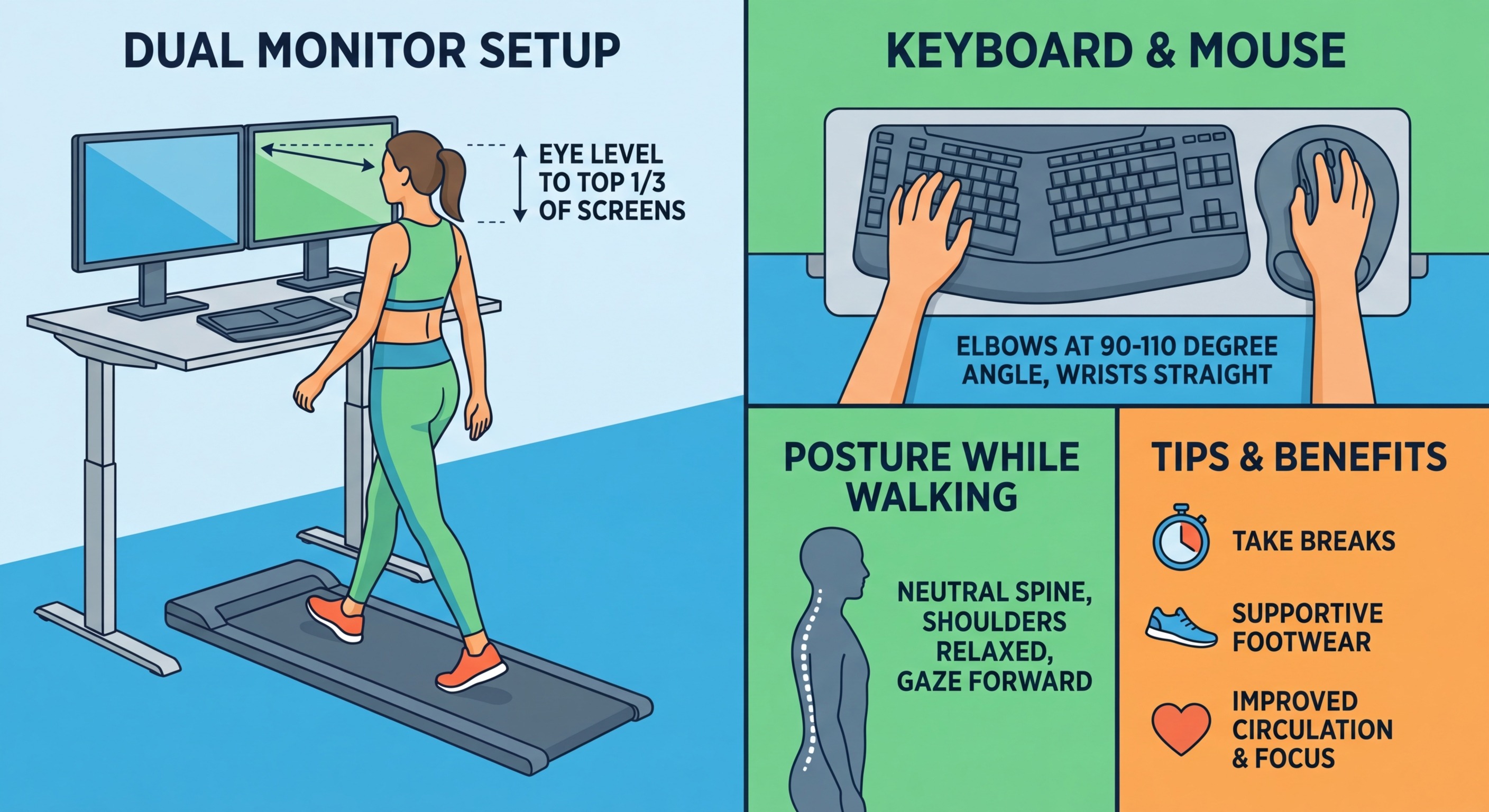 Ergonomic infographic showing correct monitor height, keyboard position, and posture for dual monitor walking pad desk setup