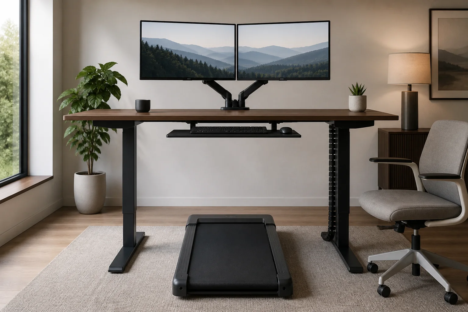 Walking pad equipment and setup illustrating Walking Pad Desk Setup for Two Monitors