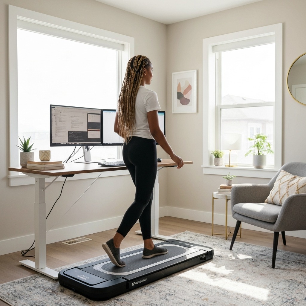 Person walking on walking pad at standing desk with two ultrawide monitors in home office setup