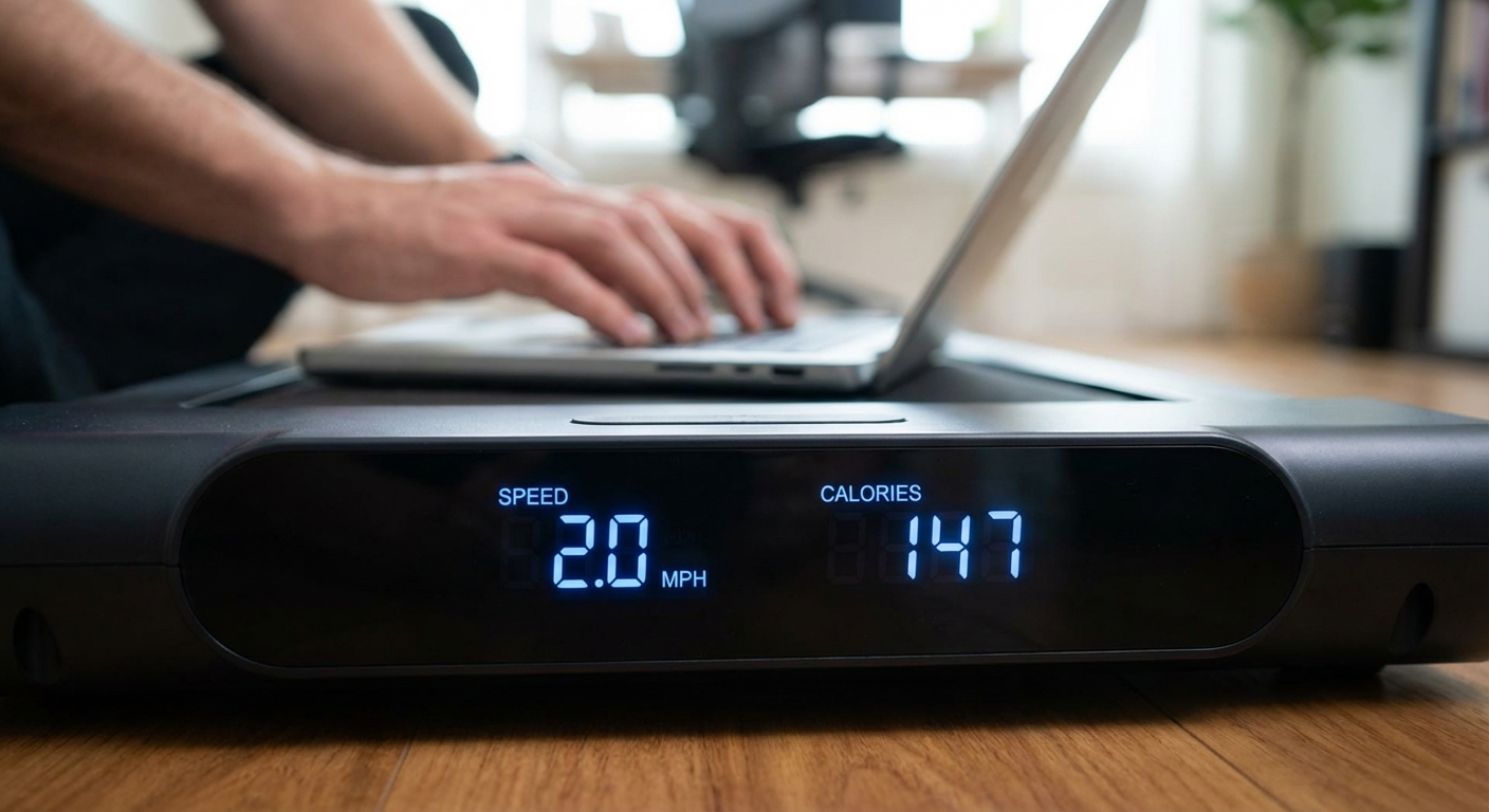 Walking pad display showing speed and calorie counter while person works on laptop