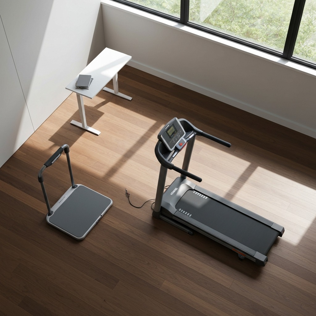 Walking pad next to a regular treadmill in a modern home office, showing the size difference between both machines
