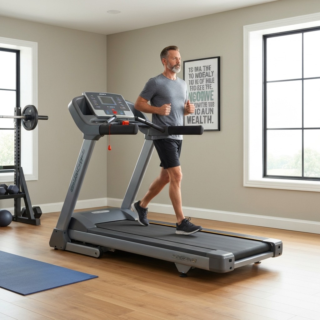Full-size treadmill in a home gym setting showing the large footprint and console with handles