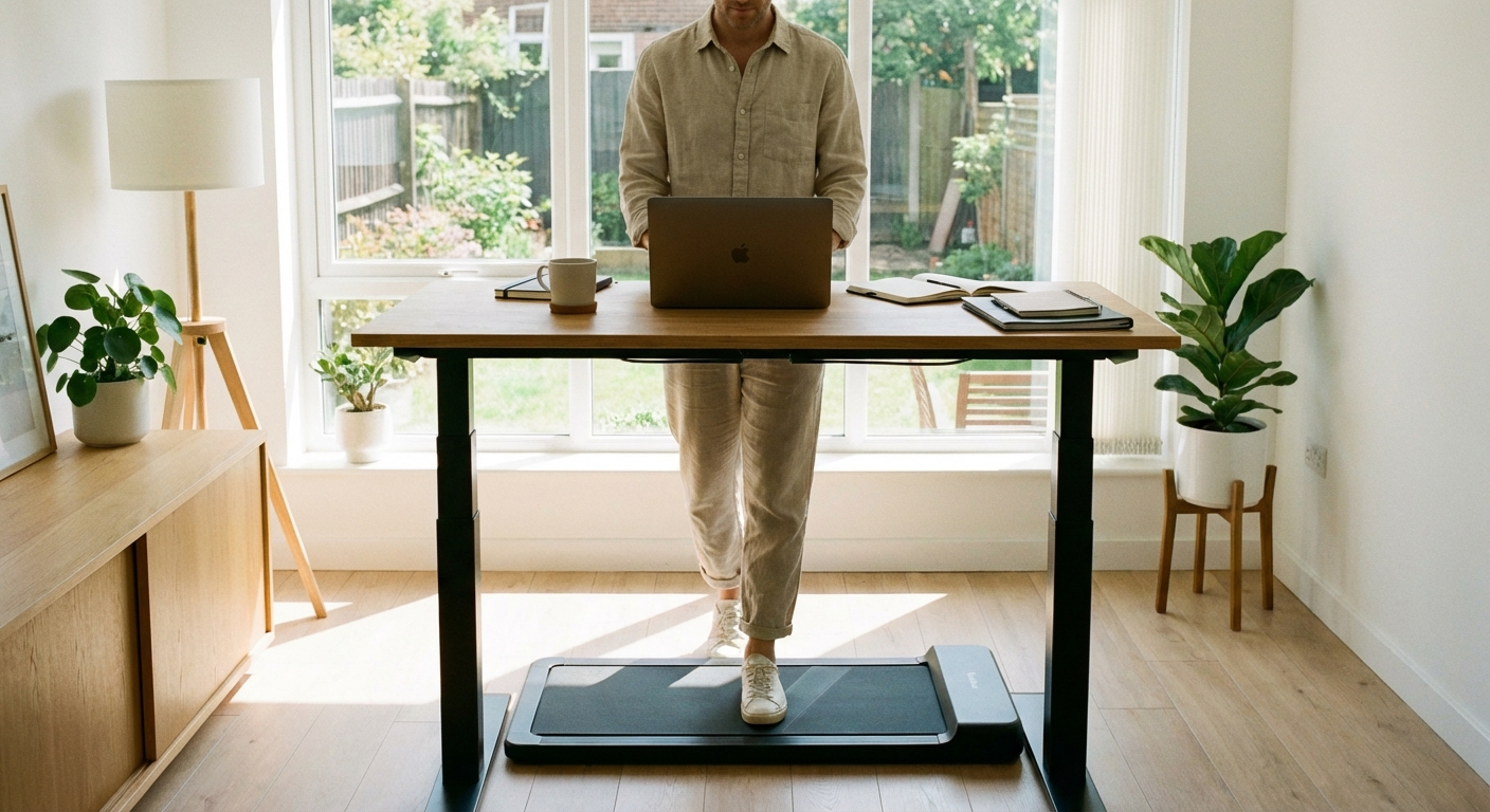 Person using walking pad at standing desk in home office for weight loss
