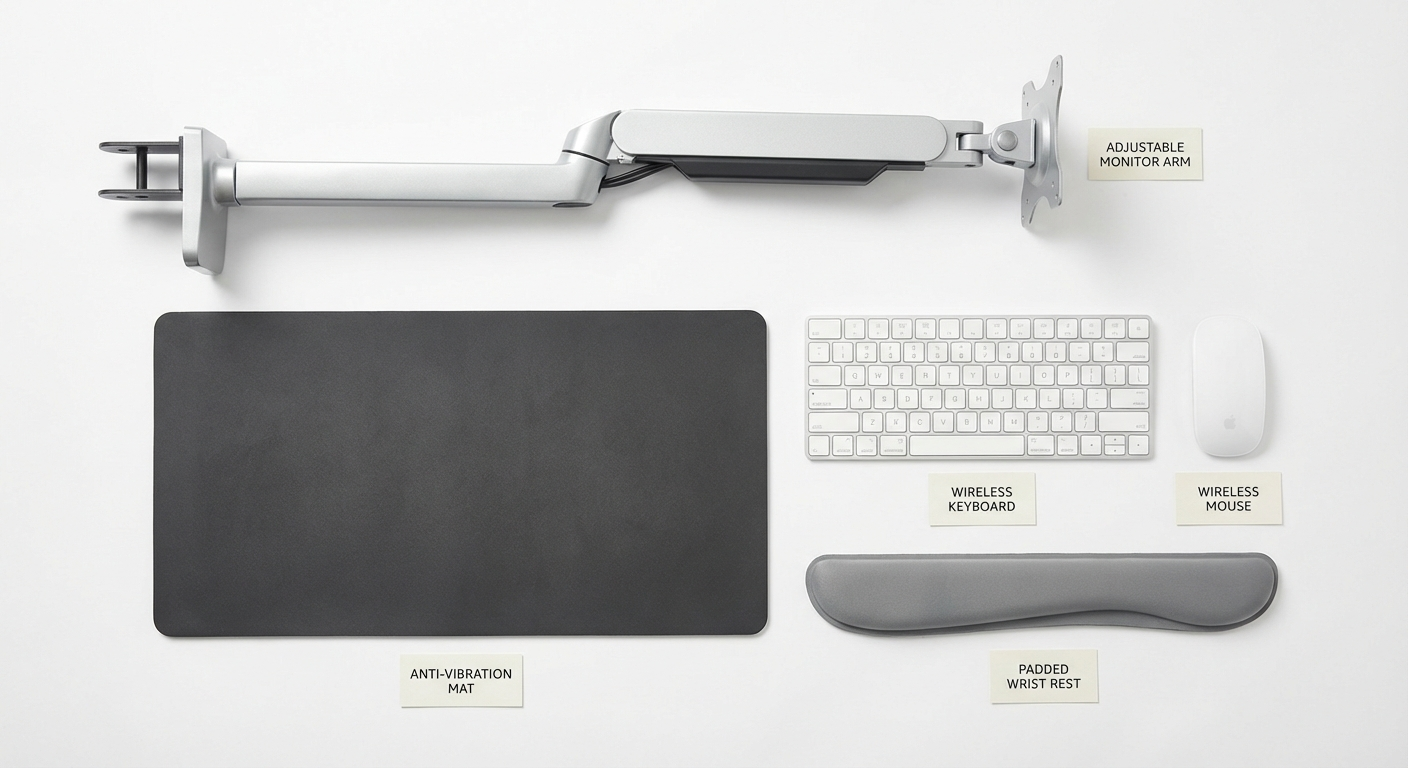 Essential walking pad desk accessories: monitor arm, wrist rest, anti-vibration mat, wireless keyboard and mouse