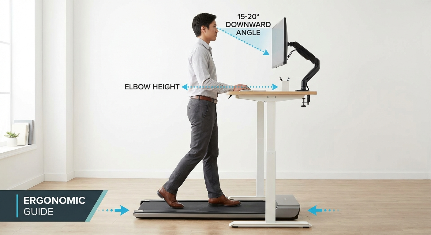 Walking pad desk monitor height positioning guide showing correct eye-level screen placement