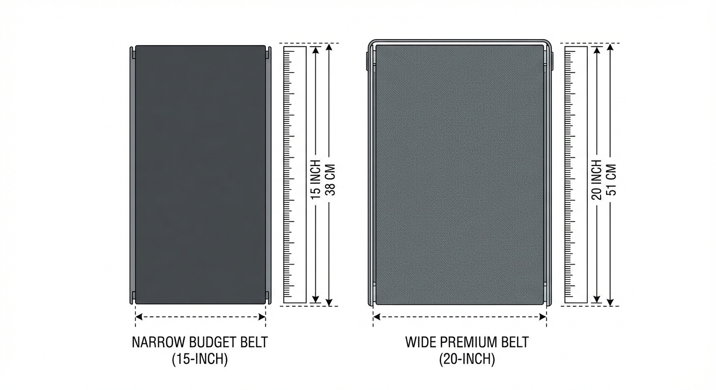 Side-by-side belt width comparison between a narrow 15-inch budget walking pad and a wide 20-inch premium walking pad