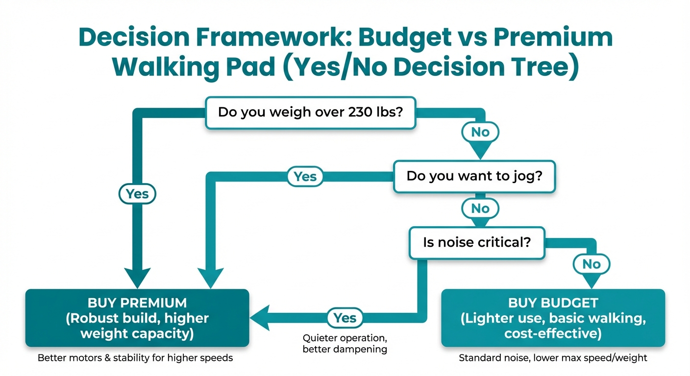 Decision framework infographic: flowchart helping buyers decide between a budget walking pad and a premium walking pad based on weight, use case, and noise requirements
