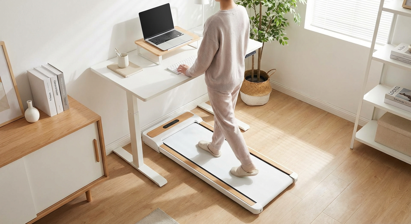 Budget walking pad treadmill positioned under a standing desk in a home office