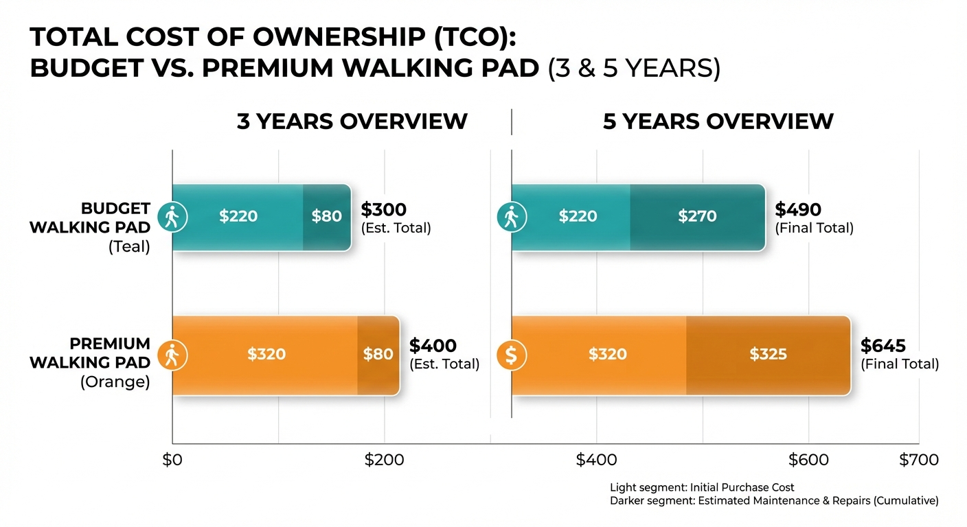 Infographic comparing total cost of ownership between budget walking pad ($490 over 5 years) vs premium walking pad ($645 over 5 years)
