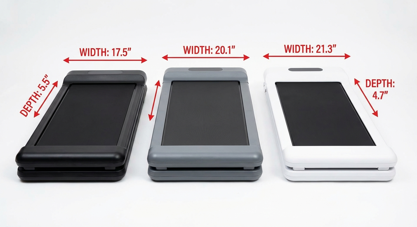 Five compact walking pads shown folded for apartment storage comparison.