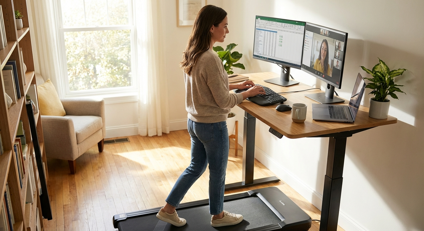 Ergonomic desk setup for walking while working.